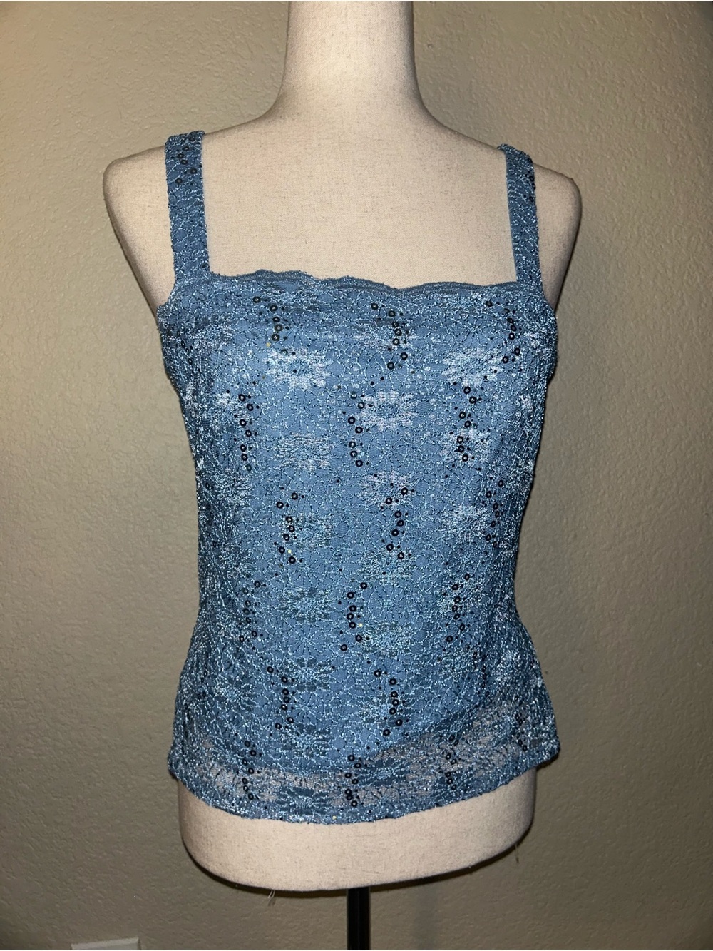 Vintage Alex Evenings Blue Lace Sequin Square-Neck Tank Top